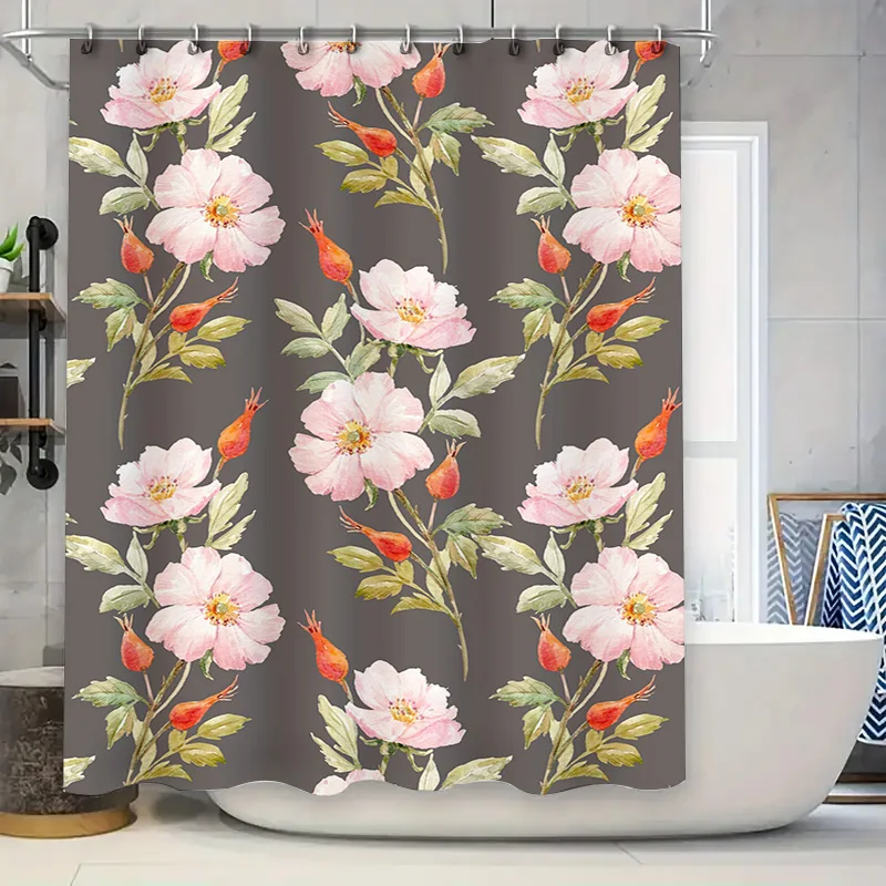Watercolor Floral Shower Curtain, Pink Roses Bath Decor, Rustic Boho Country Cottage Style Extra Long Size 72x84in (183cm x 213c