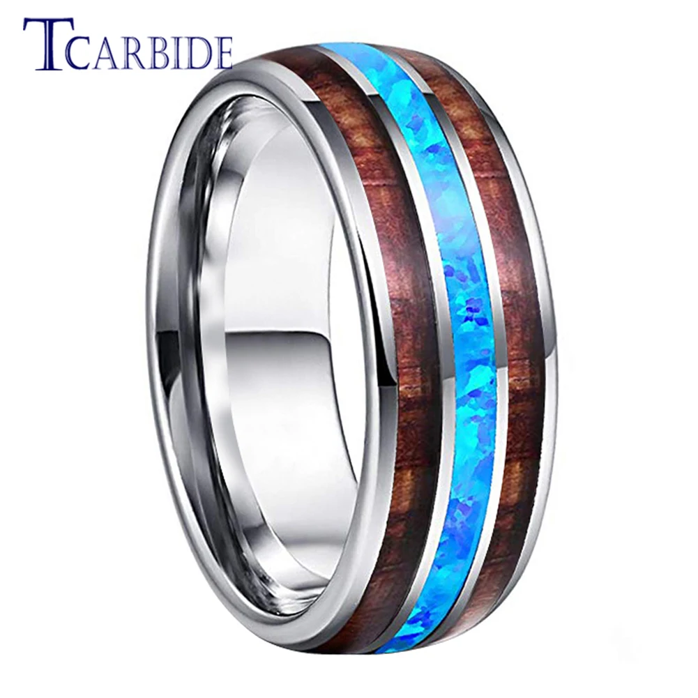 

TCarbide 8mm Very Nice Blue Opal Ring Men Women Tungsten Engagement Wedding Band Trendy Jewelry Polish Shiny Comfort Fit