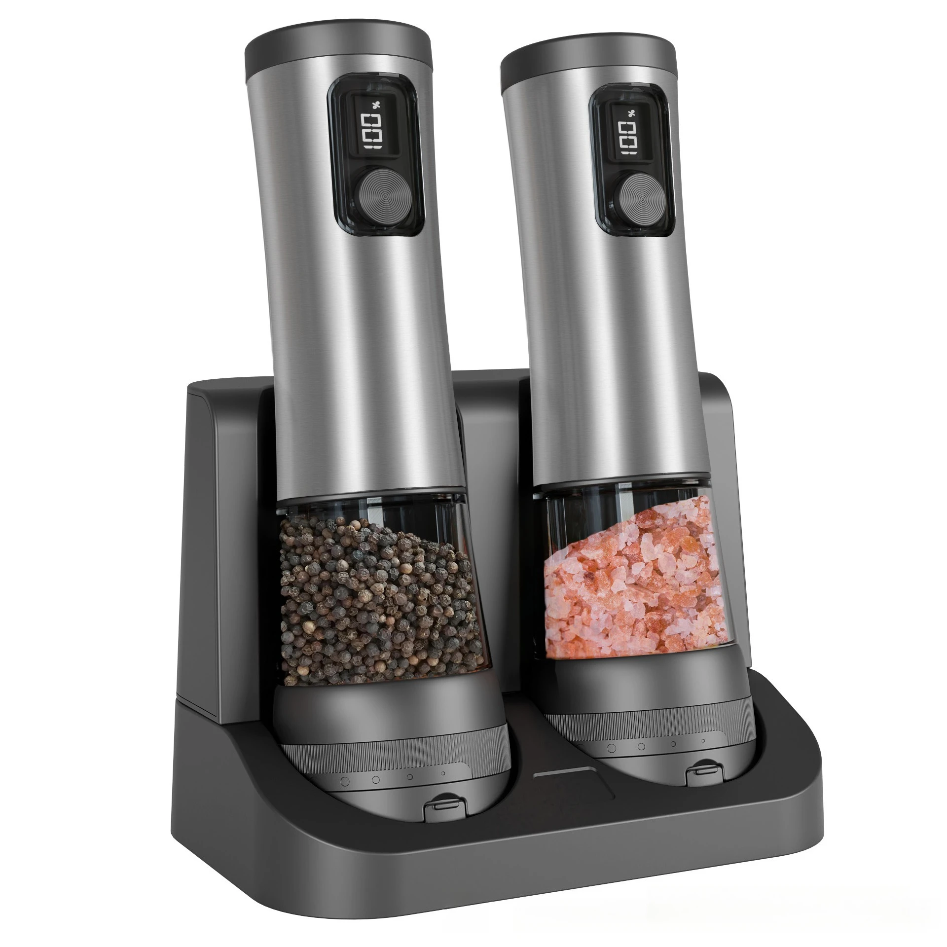 electric-automatic-pepper-salt-grinder-set-with-rechargeable-base-led-electricity-indicator-adjustable-coarseness-for-kitchen