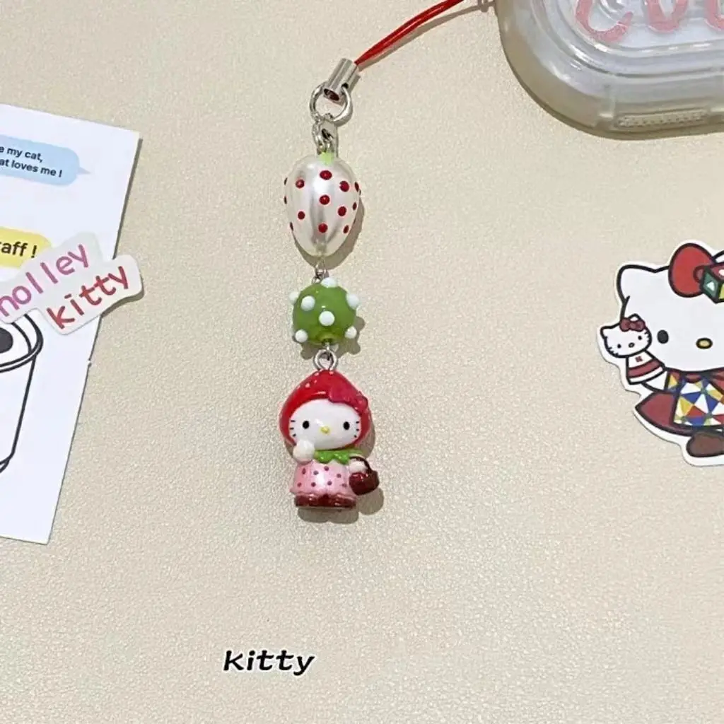 Kawaii Original Hand-made White Drag Rabbit Kittys Beaded Mobile Phone Chain Cute Everything Niche Birthday Gift Pendant