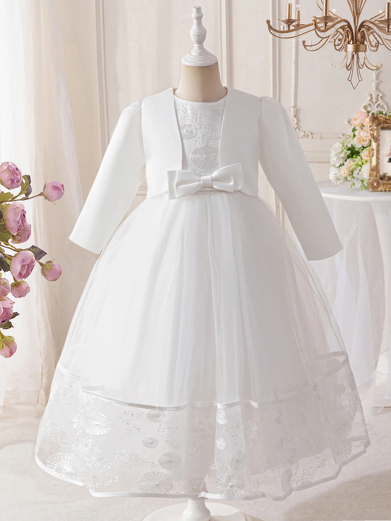 

Комплект белого длинного платья с цветочным узором для девочек, газовая юбка для свадьбы, дня рождения, вечеринки, с длинными рукавами, весна и осень, пальто