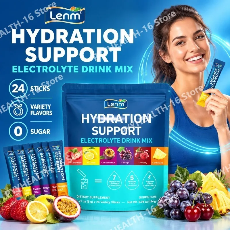 Hydration Support Electrolyte Drink Mix Powder 0 Sugar with 7 Essential Electrolytes and Vitamin B6 & B12, Exercise,24 Sticks