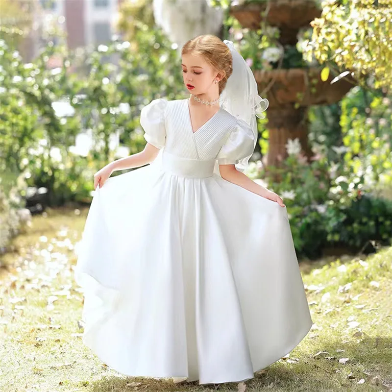 White Flower Girl Dresses For Wedding  Flowers Beaded Satin A-Line Pleated Birthday Pageant First Communion Gowns