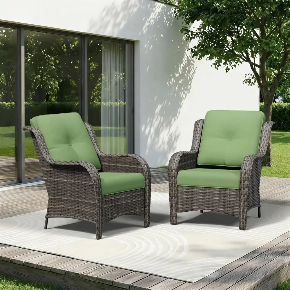 2-Piece Outdoor Wicker Patio Chair Set with Plush Olefin Cushions, High Back and Deep Seating, Curved Armrests, Green