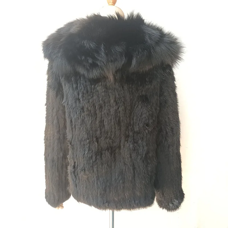 Women Winter Knitted Short Real Rabbit Fur Coat With Fox Fur Collar Long Sleeve Ladies Genuine Fur Jacket Outwear