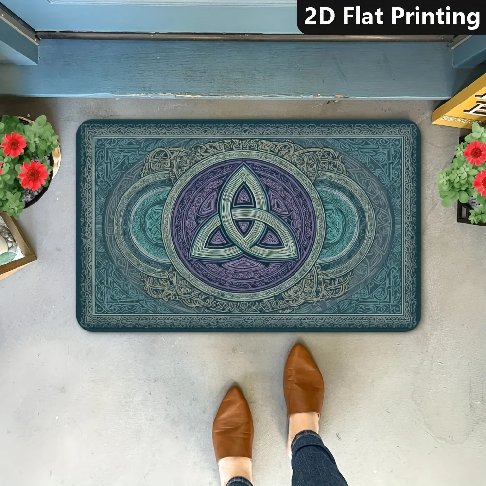 2D Flat Celtic Triquetra Knot Mandala Teal Flannel Door Mat Non Slip Spiritual Decor Rug For Entryway Yoga Floor