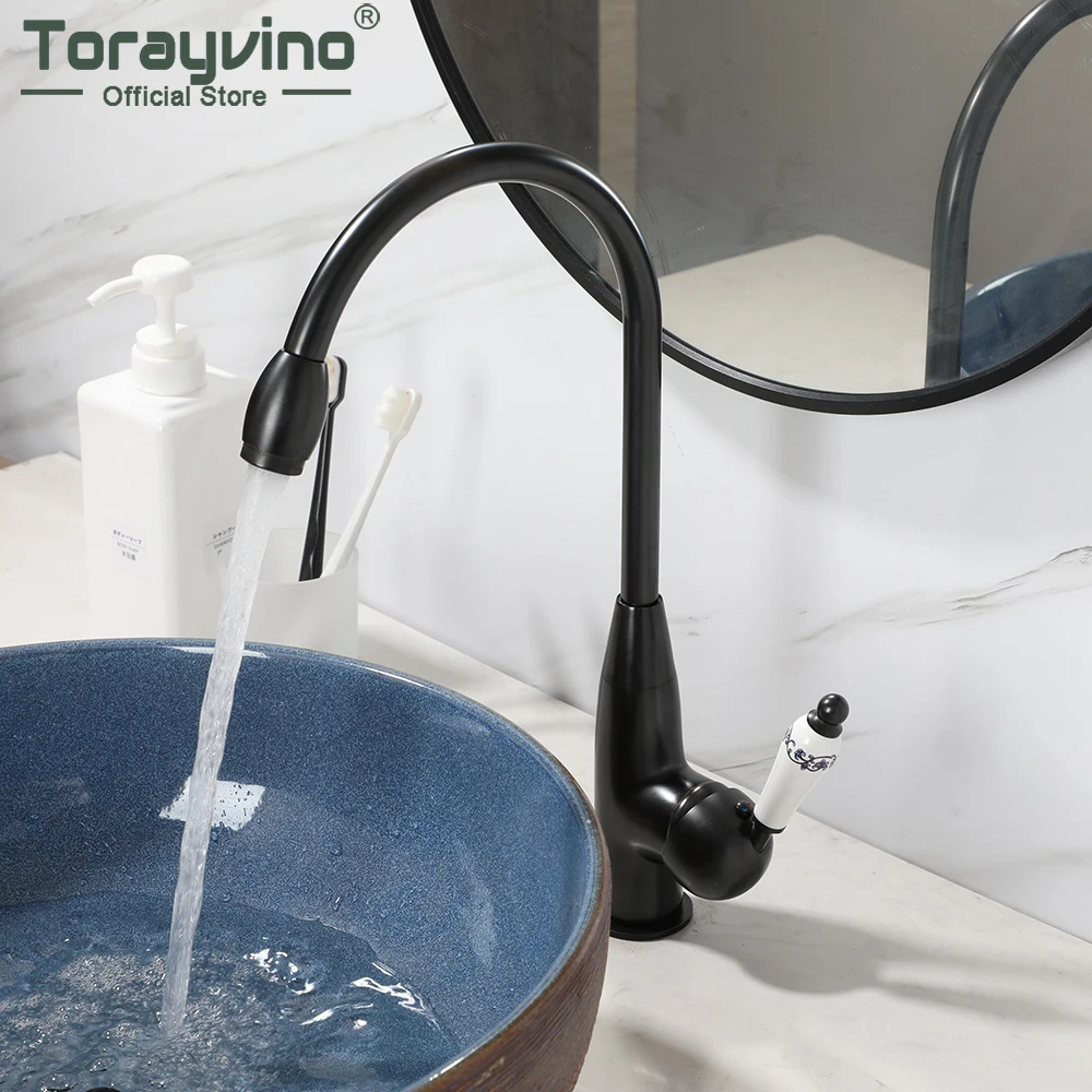 TORAYVINO Bathroom Basin Faucet With Porcelain Handle Matte Black Cold Hot Water Lever Stream Mode Vanity Top Sink Faucets set