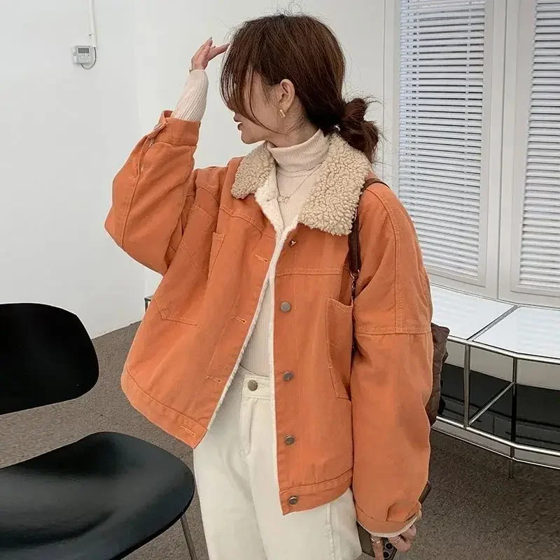 2024 Winter New Simple Thick Fashionable Orange Jacket for Women Loose Short Casual Versatile Trendy Parkas Jacket for Women