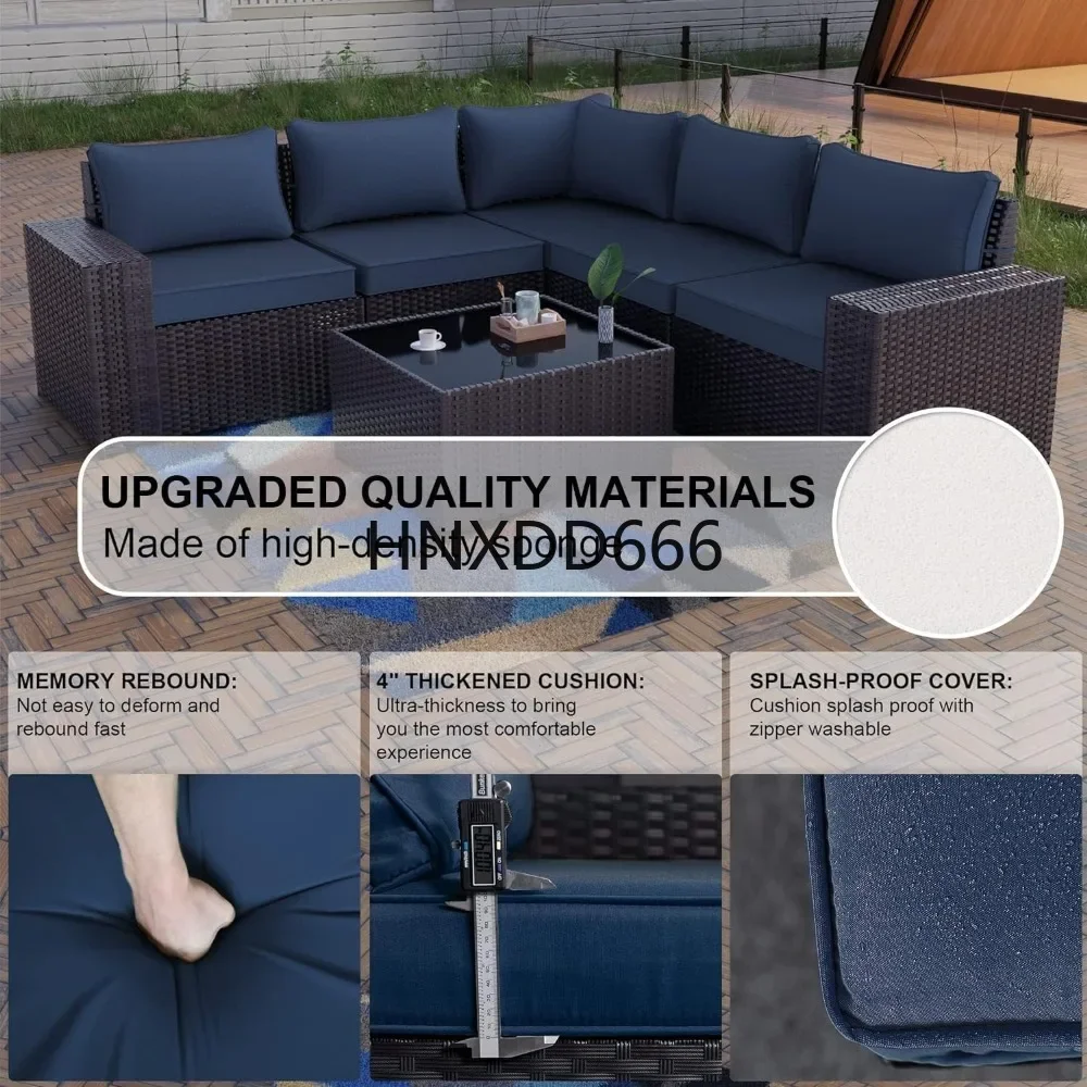 6 Pieces PE Rattan Wicker Patio Conversation with 5 Navy Blue Seat Cushions and 1 Tempered Glass Table,