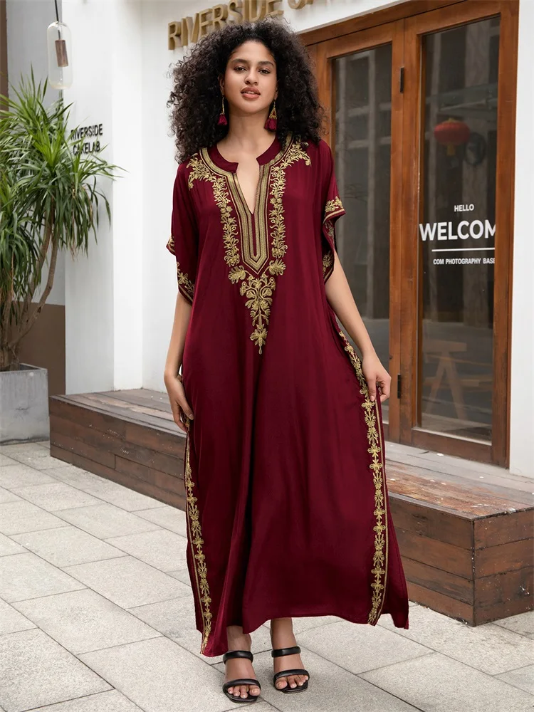 Chic Gold Embroidered Sexy V Neck Plus Size Kaftan Robe 2024 Women\'s Cozy Vacation Outfits Beach Dress Swimsuit Cover Up Q1667