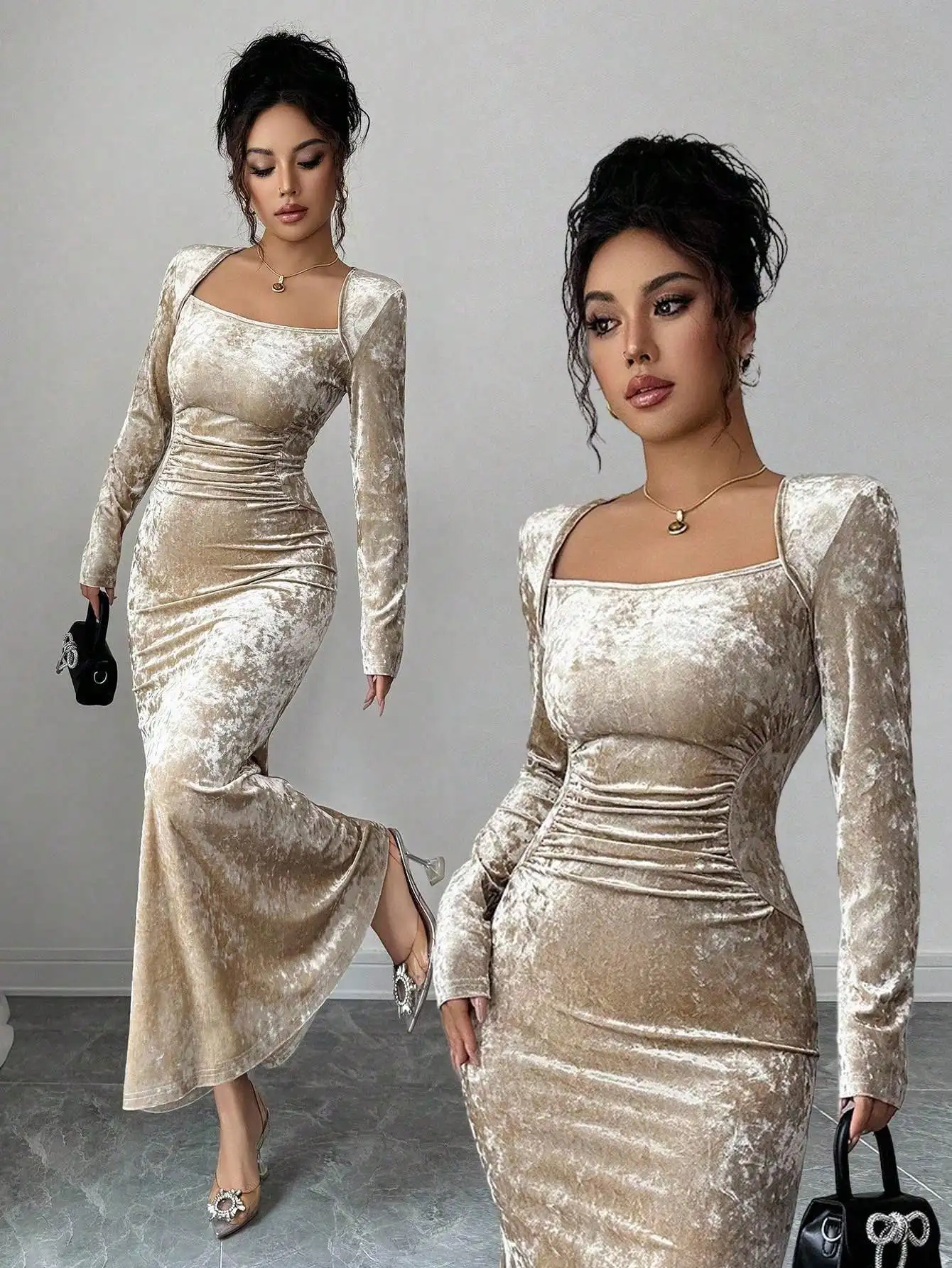 

Женское облегающее платье из бархата с квадратным вырезом, длинными рукавами, драпировкой на талии и подолом в форме рыбьего хвоста