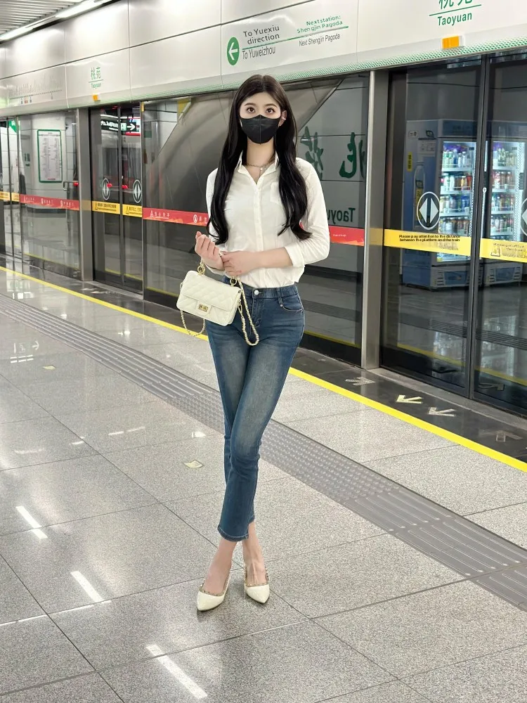 

High Waist Blue Denim Jeans Women's Elastic Slimming Straight Leg Waed Nine Points Pants with Plump Pad Casual Sle