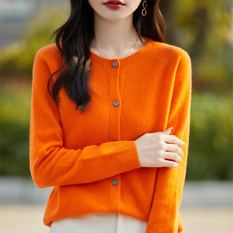 2024 Autumn Winter Knitted Round Neck Cardigan Women\'s Wool Sweater Women\'s 100% Wool Korean Version Loose Top Cashmere Jacket