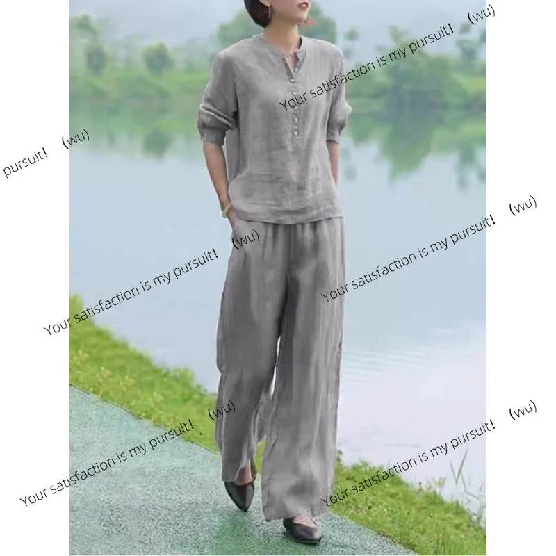 

Повседневная льняная рубашка с коротким рукавом, свободные прямые широкие брюки большого размера с высокой талией, комплект из двух предметов