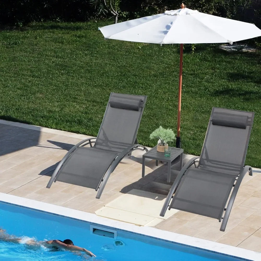 Juego de 3 sillas tipo tumbonas para patio, sillón de aluminio para exteriores con reposacabezas, tumbona para tomar el sol |