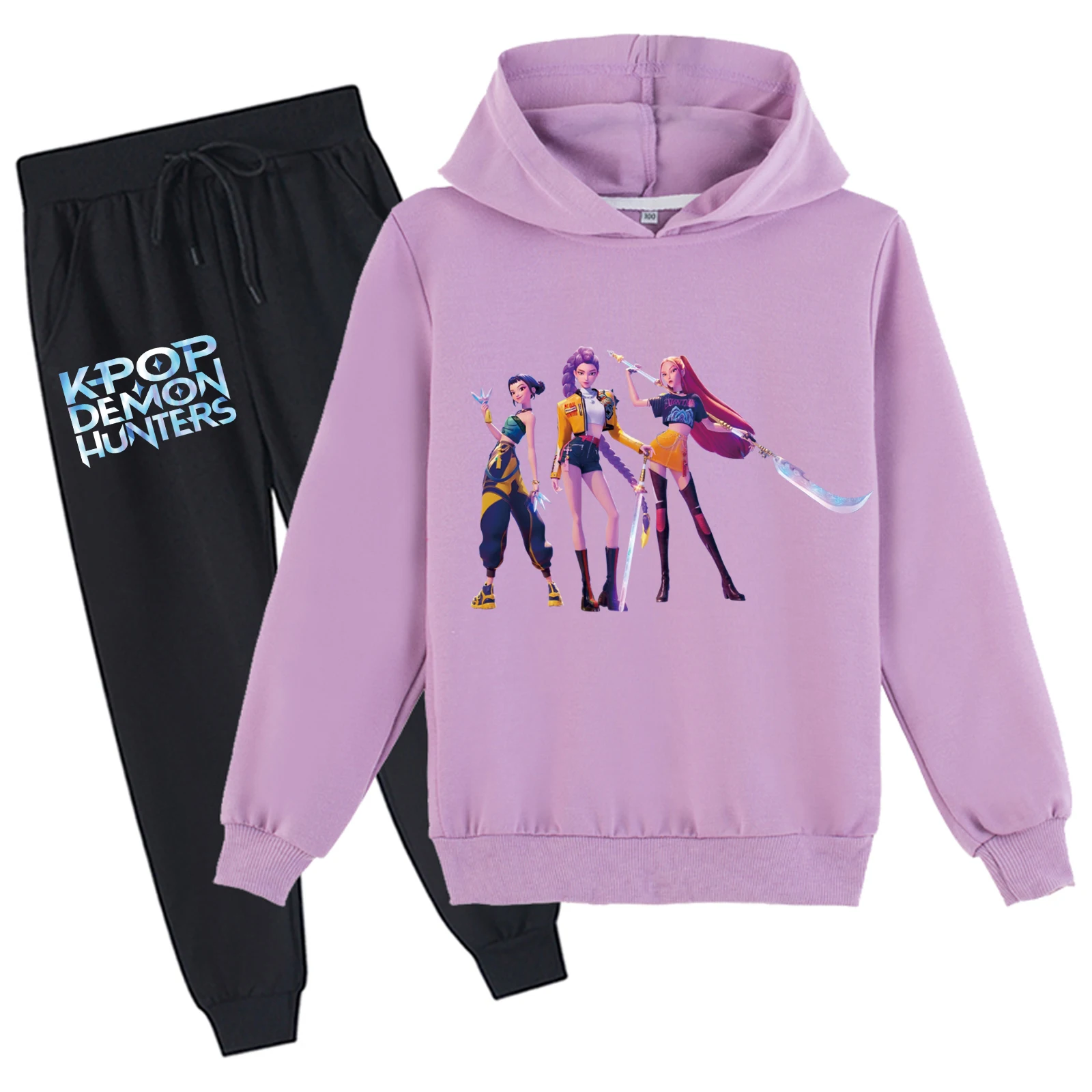 KPop Demon Hunters Tops de manga larga y pantalón jogger trajes de 2 piezas, sudadera de algodón para niño pequeño y niña, bonita sudadera con capucha para 2-14 años