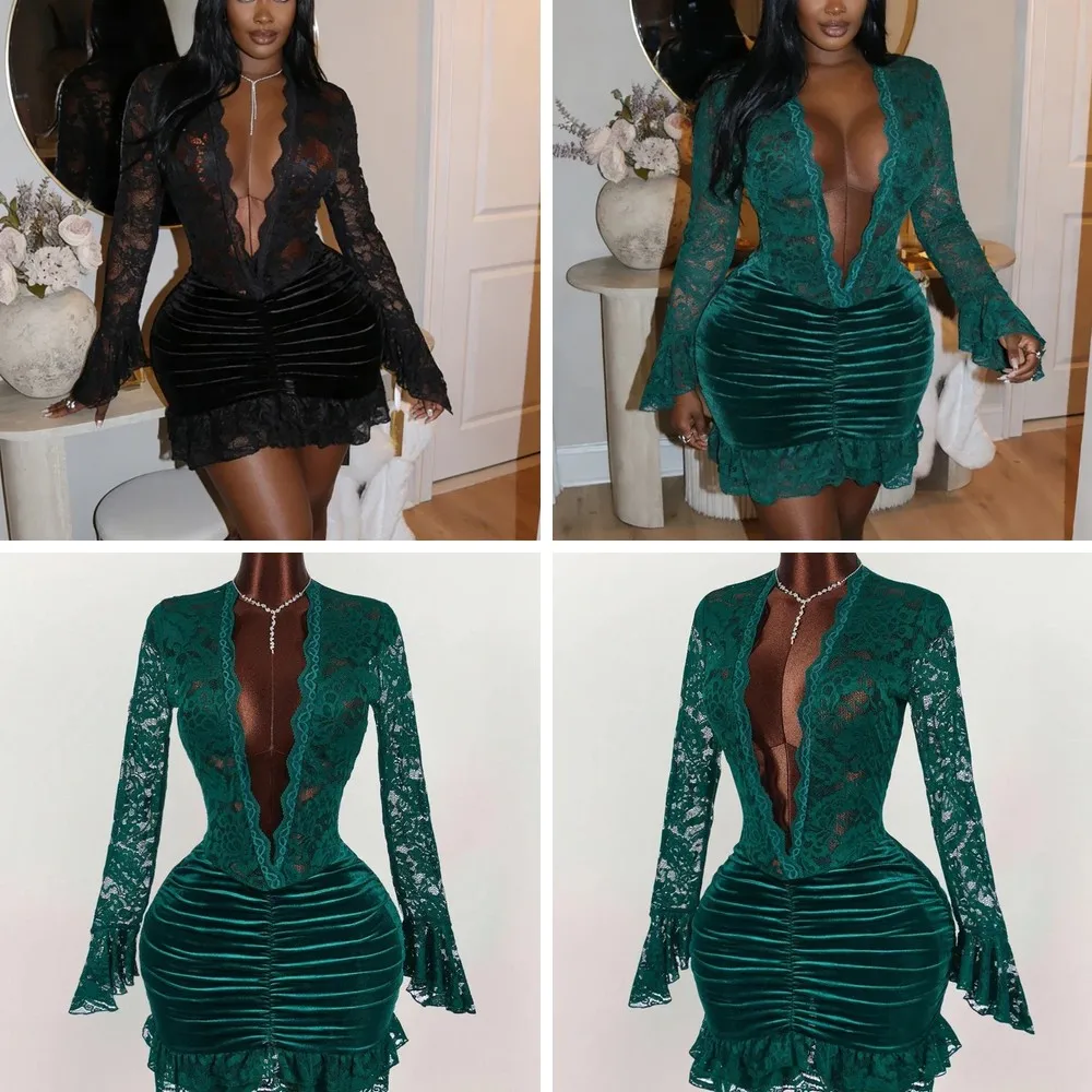 

Chic Lace Bodycon Dress for Women, Sexy Deep V-Neck & Ruffled Sleeve Party Club Dress