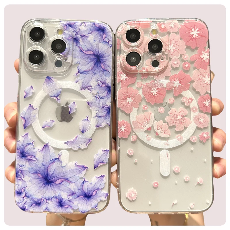 Transparent Clear Floral Flower  Magsafe Magnetic Case iPhone 11 13 12 14 15 16 Pro Max 16 Plus Wireless Charge Shockproof Cover