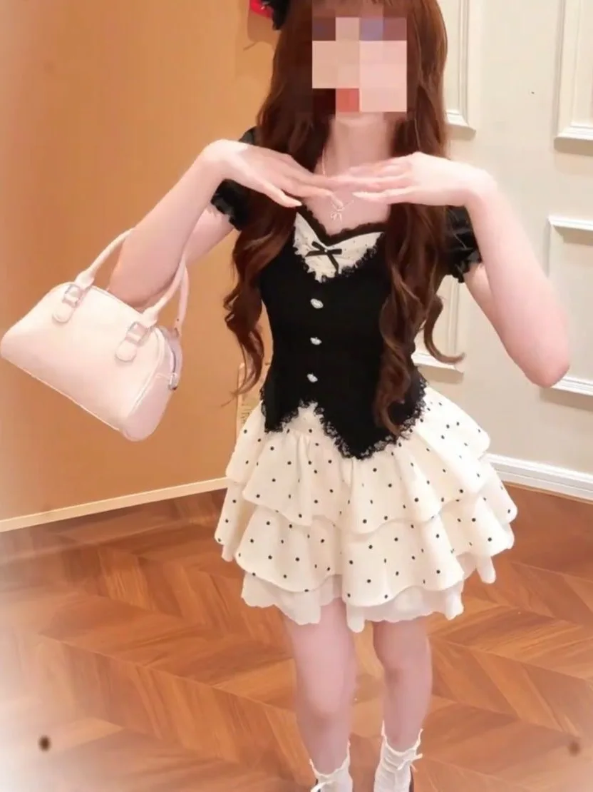 Japanese Sweet Girl Bubble Sleeve Polka Dot Short Skirt Summer Outfit Set Soft Sister Style Fashionable Cute Uniform Design