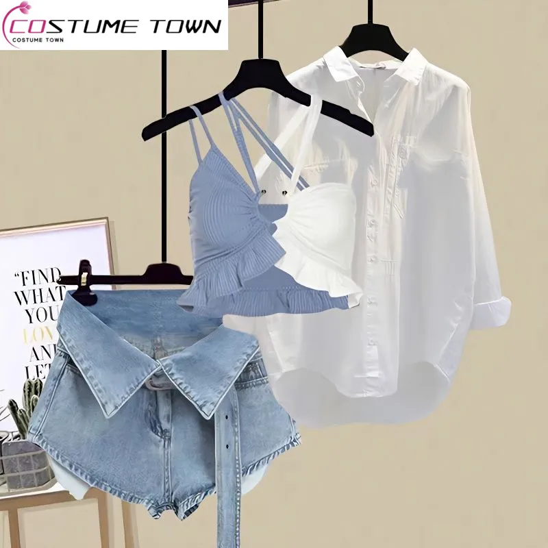 Summer Set Women\'s 2023 New Large Women\'s Korean Fashion Tank Top Versatile Shirt Denim Shorts Three Piece Set