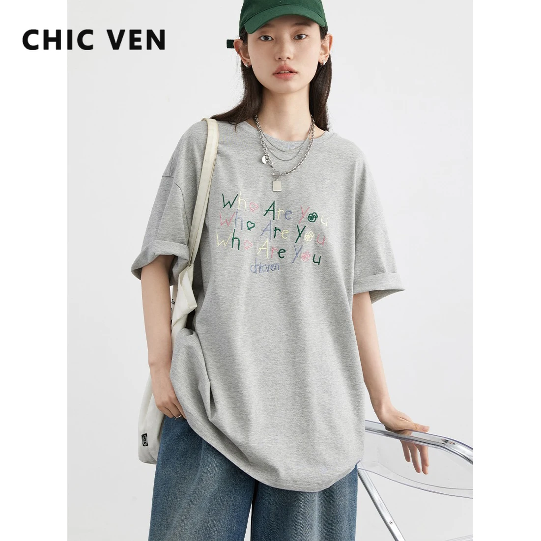 

CHIC VEN Fashion Women T-shirt New Loose Casual O Neck Letter Embroidery Short Sleeve Female Top for Girl Summer 2024