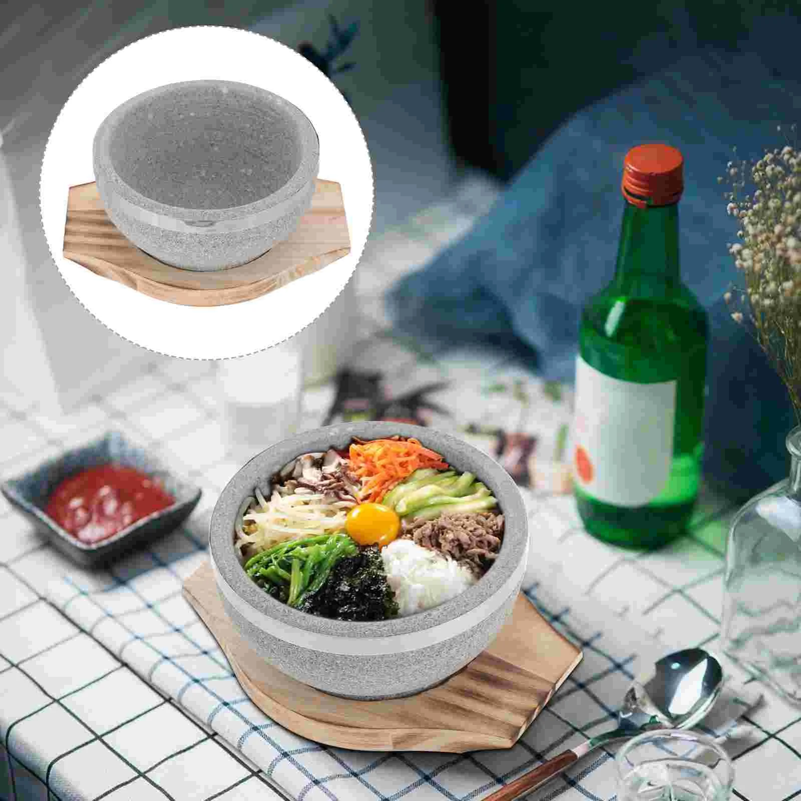 

Каменная миска с растением, деревянная корейская еда, основа для супа, горшок, кастрюля, миски-бибимбап для кухонной утвари
