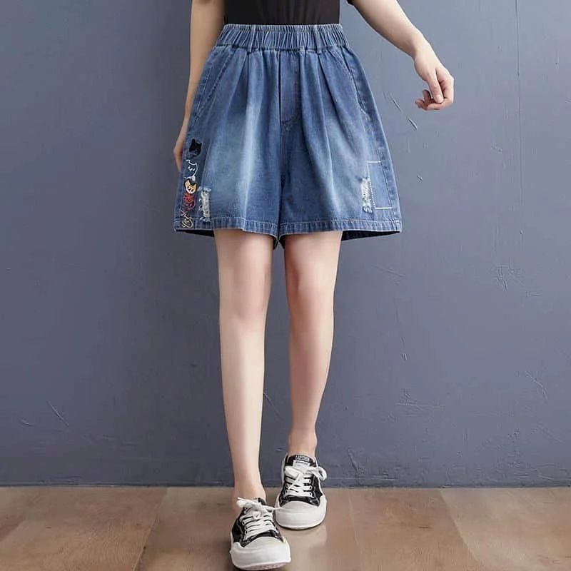 

Denim Shorts for Women Distress 2026 Summer Wear Vintage Elastic Waist Wide Leg Pants Casual Loose A-line Jeans Women Clothing