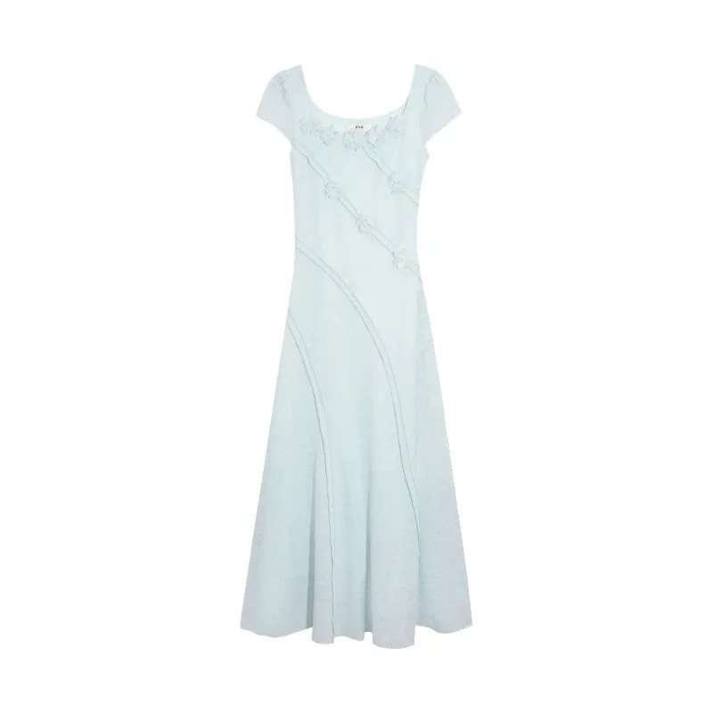 Verão novo design doce longo dr emagrecimento cintura gola quadrada ort sve estampa floral ele sle feminino dr