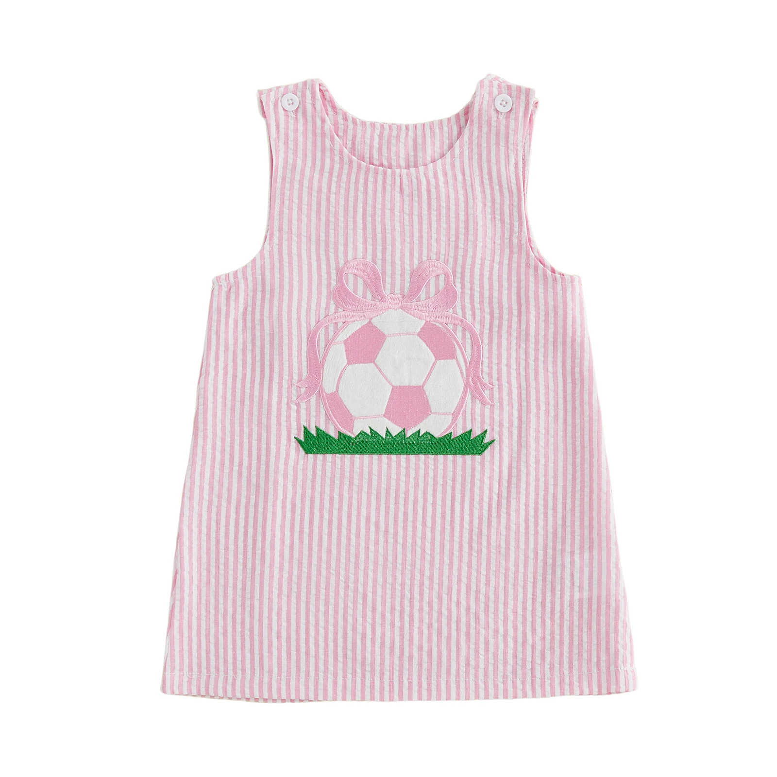 

Baby Girl Summer Dress Sleeveless Round Neck Bow Football Embroidery A-Line Dress Toddler Casual Dress