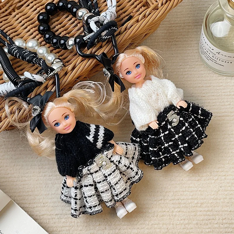 2025 Coquette Aesthetic Tweed Skirt Doll Keychain Bag Charm for Women with Black White Knit Outfit Pearl Beaded Lanyard Fashion
