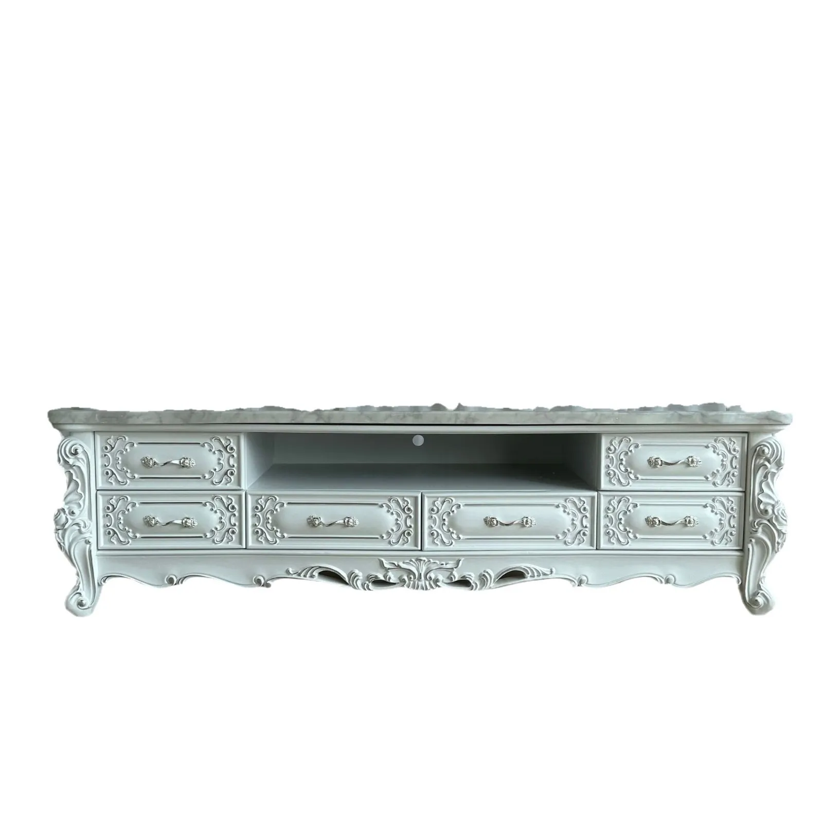 European coffee table TV cabinet Oak combination marble living room full solid wood carving flower European TV cabinet