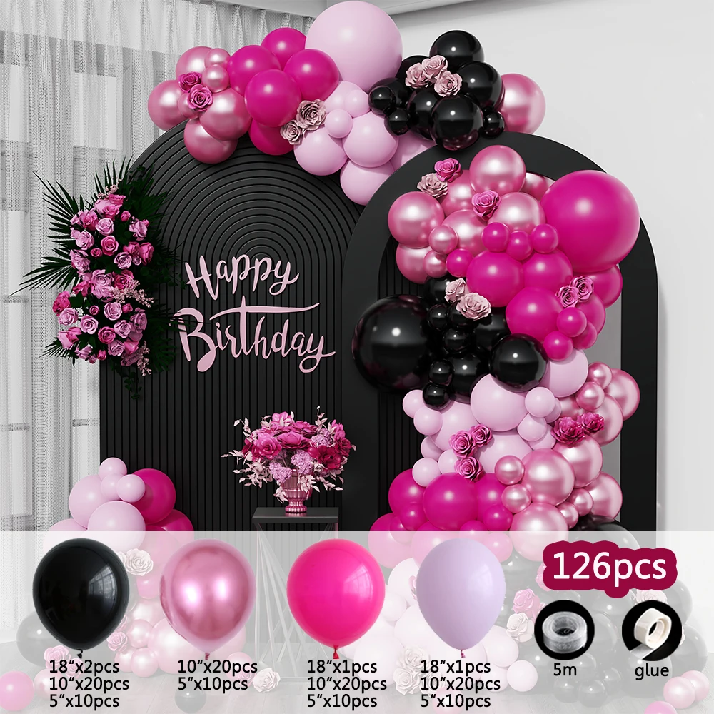 126/133pcs/set Rose Red Black Metallic Latex Balloon Globos Combination wedding Baby Shower Boy Girl Birthday Party Decorations