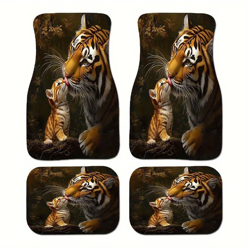 4pcs Cute Tiger Family Car Floor Mats With Parent & Cub Tiger Design - Crystal Velvet All-Weather Protection, Easy-Clean Durable