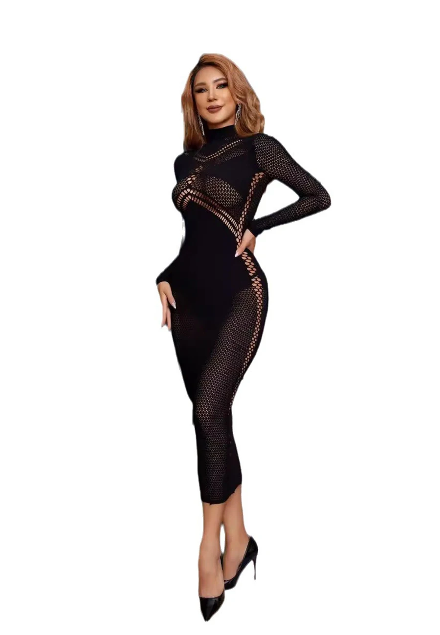 Women's Sexy Dress Black Mesh Bodycon Dress Long Sleeve High Neck Crisscross Hollow Out Sheer Stretchy Club Party Evening Dress