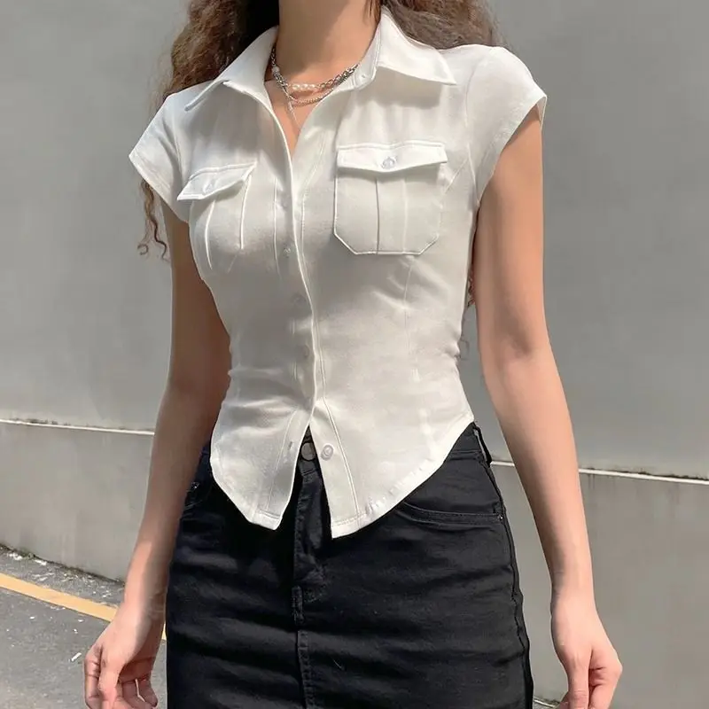 Fashion Sweet Young Style Design Exposed Navel Spicy Girl Shirt Women Solid Lapel Button Patchwork Pocket Slim Short Sleeved Top