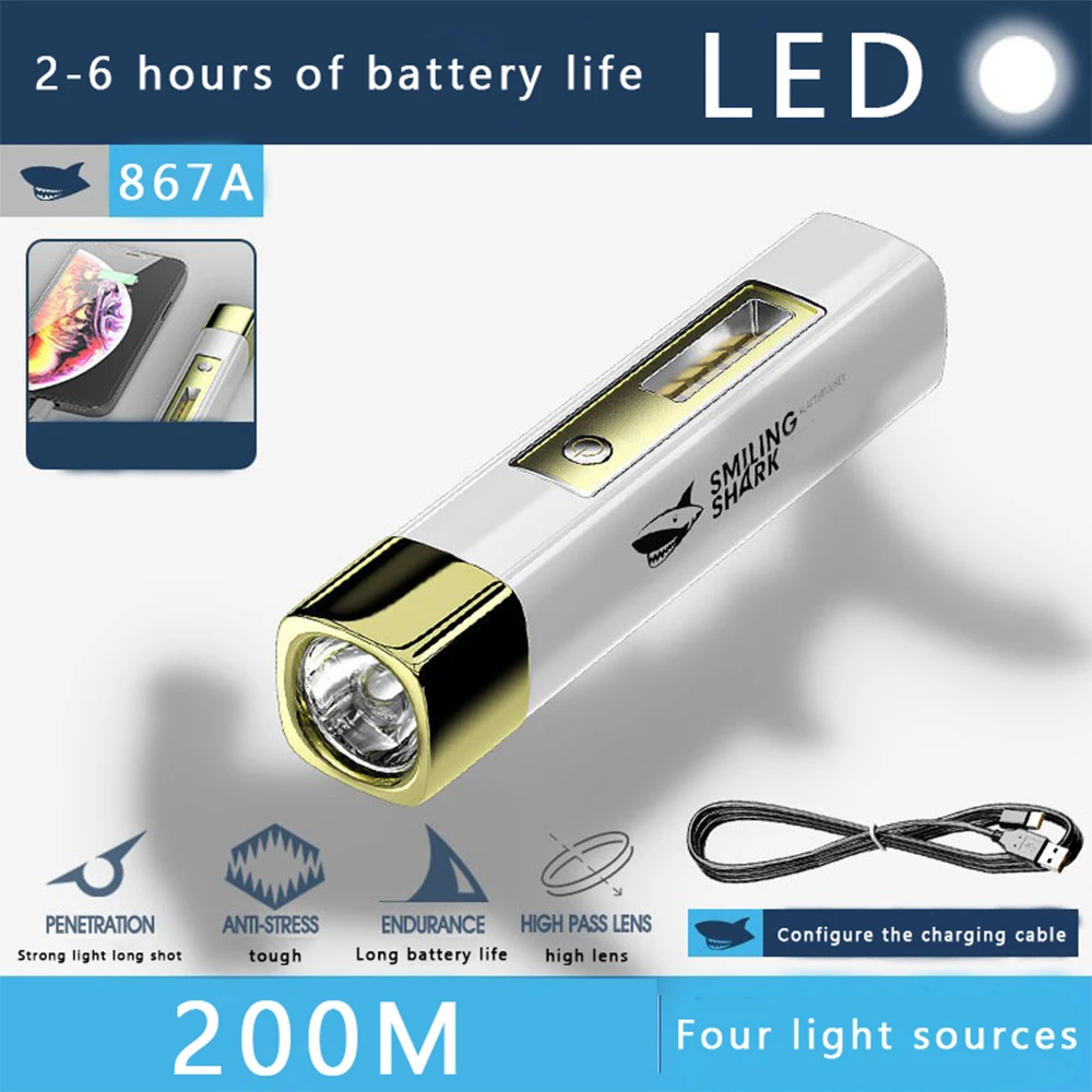 Strong LED Flashlight With Side Light USB Rechargeable Torch Ultra Bright Lamp Mini Portable Lantern Emergency Outdoor