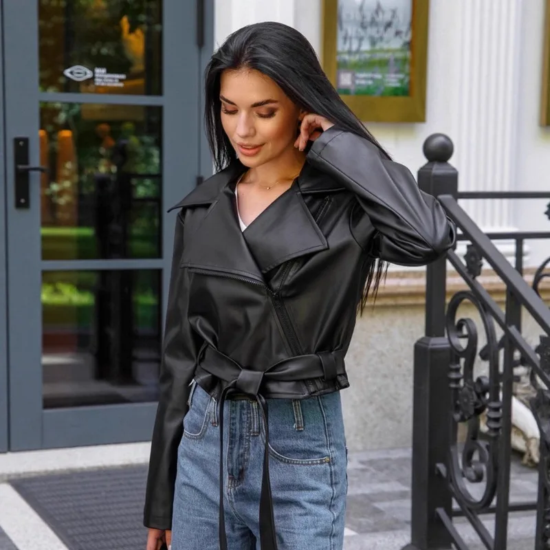 Jaqueta curta com zíper lateral mulher lapelas mangas compridas casaco commuter cáqui emagrecimento rendas até jaqueta de couro casual roupas femininas