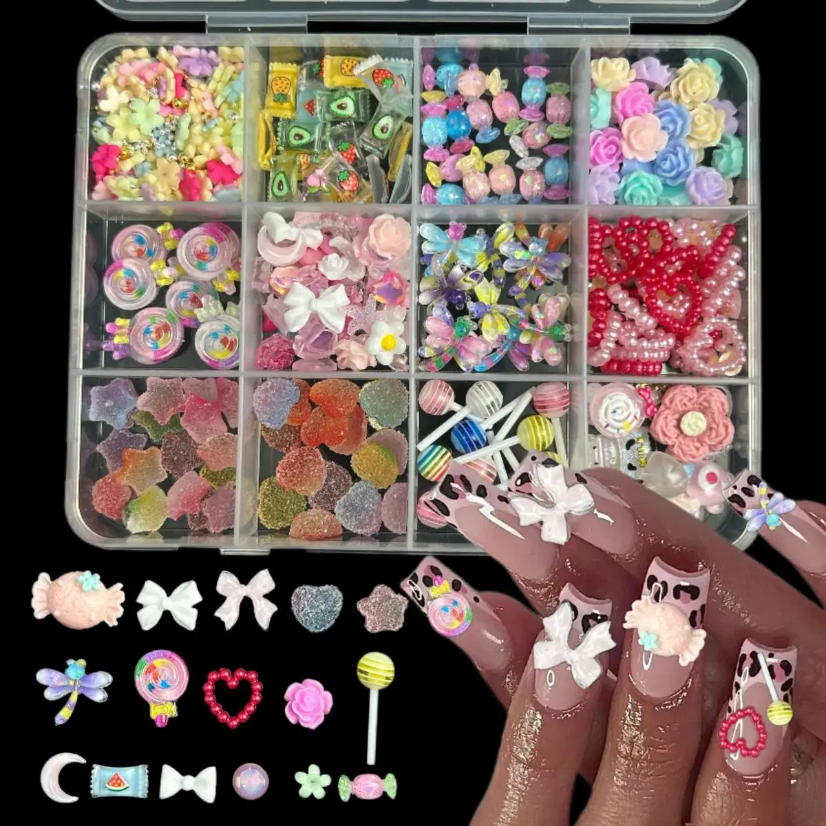 1Box Dopamine Colored Camellia Bowknots Nail Art Charms Simulated Candy Cream Cake Resin Nail Decorations for DIY Nails Supplies