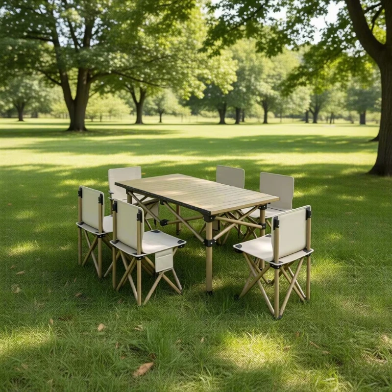 Outdoor steel folding dining table and chairs - lightweight and portable square modern design 6-seat outdoor camping furniture