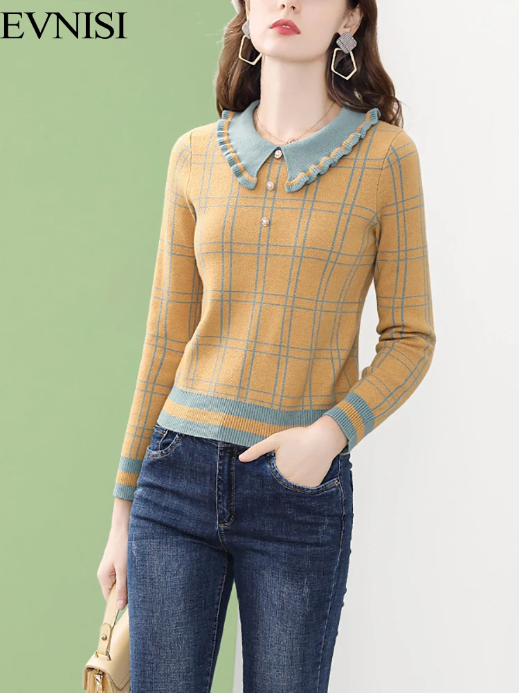 EVNISI Women Yellow Plaid Knitted Blouse Peter Pan Collar Casual Long Sleeve Tops Winter Knitwear Pullover Streetwear 2022