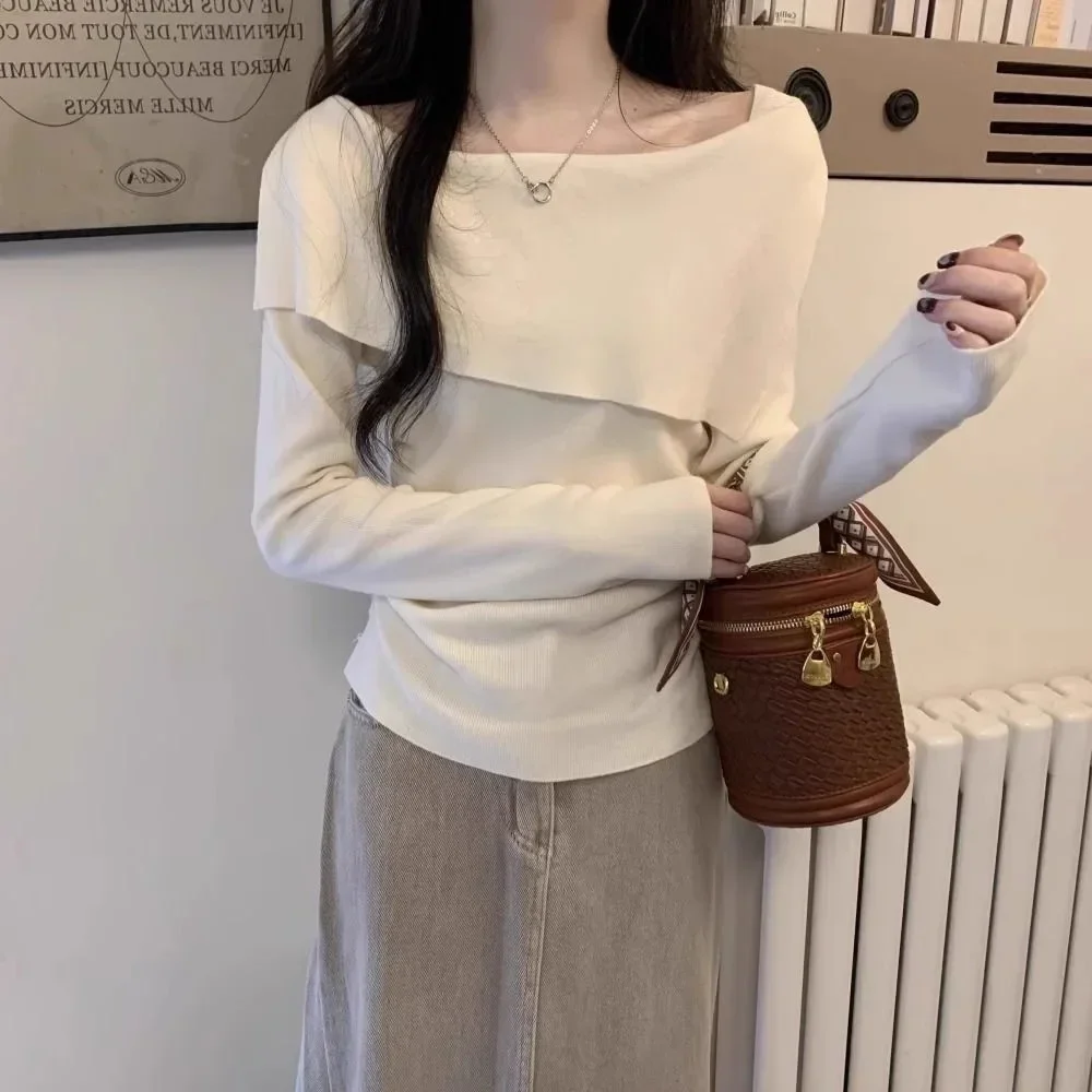 

Layer Shirt One Shoulder Turn-down Collar Outerwear Top Slim Fit Long Sleeve Knit Sweater Women's Sweet And Spicy Base