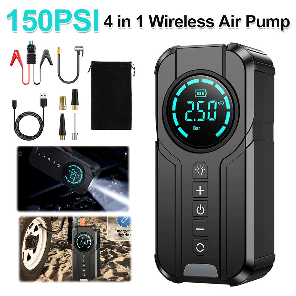 

150PSI Air Compressor Multifunctional Auto Tire Pump USB Rechargeable 4 in 1 Wireless Air Pump for Car Motorcycle Bicycle Ball