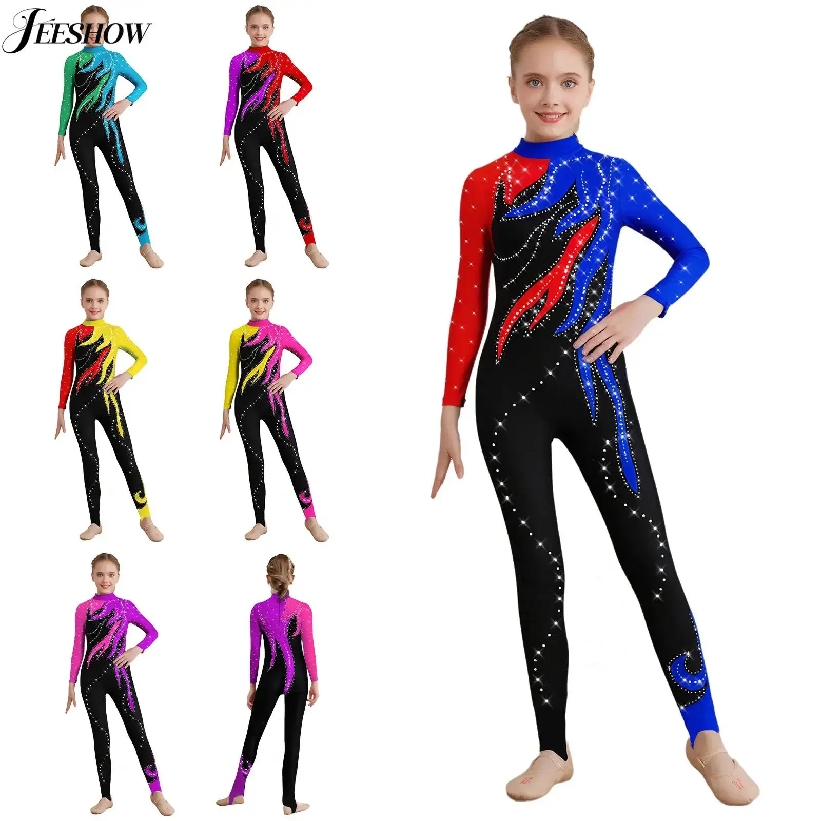 Kids Girls  Gymnastics Unitard Shiny Rhinestone Color Block Long Sleeve Full Length Leotard Figure Skating Performance Dancewear