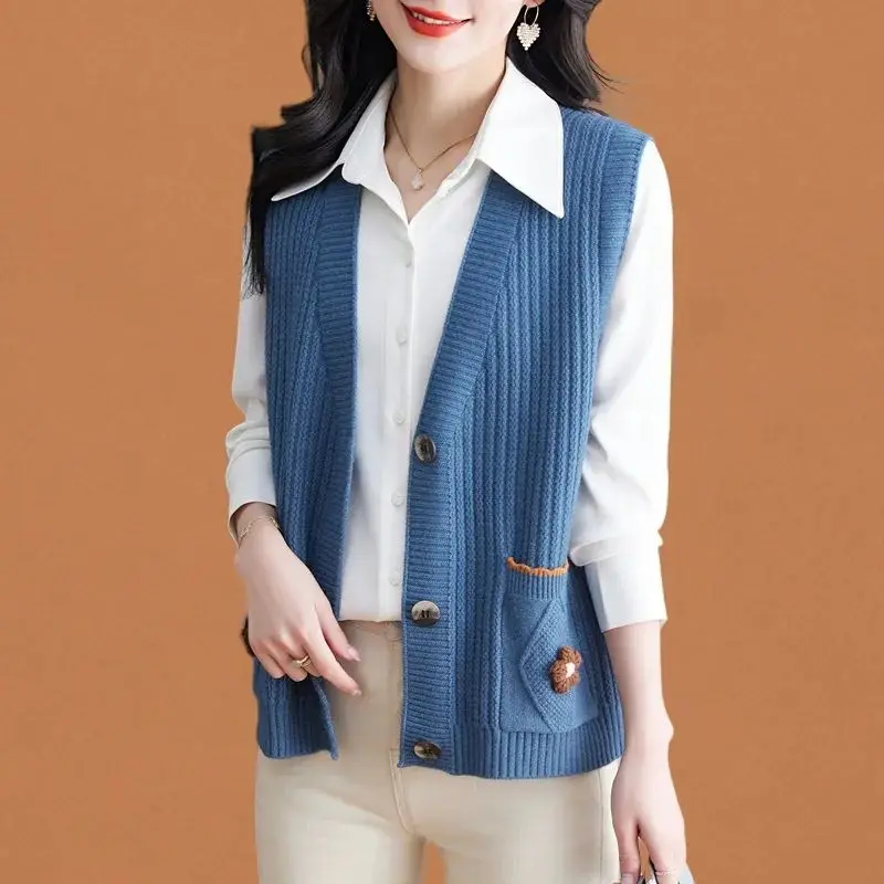 Loose Knitted Vest Cardigan Women\'s New Sweater with Shoulder Middle-aged Spring and Autumn Mom Coat Sleeveless Vest