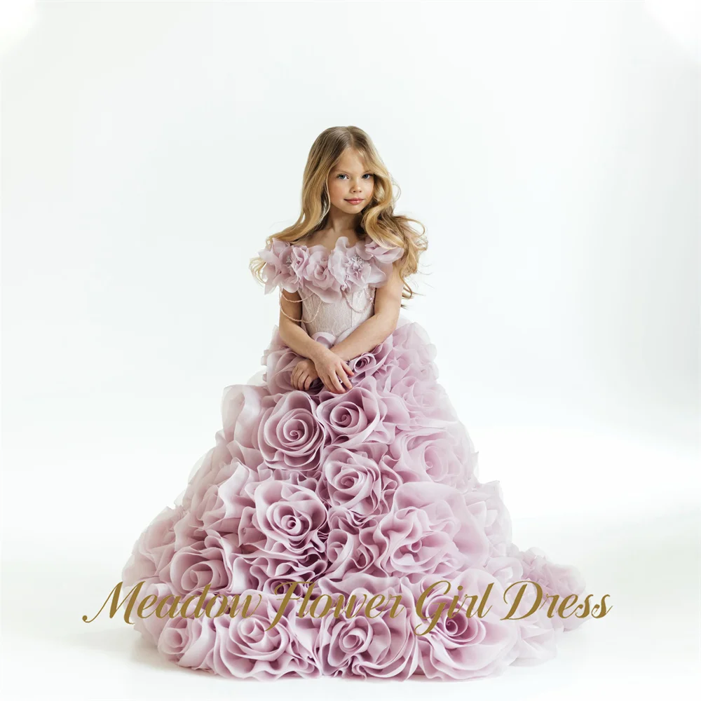 Meadow Dusty Lavender Princess Girls Dress Off the Shoulder First Communion Gown All 3D Rose Children Birthday Wedding Dresses