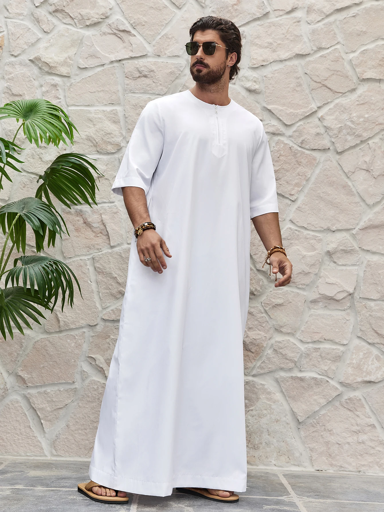 Islam Ramadán Color bloqueado Thobe tradicional para hombres saudíes, ropa musulmana para hombres vestido largo camisa bata, moda de Oriente Medio