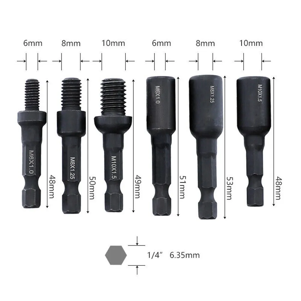 /6Pcs /Cr-Mo /Self-Tapping Socket Adapter Set 1/4 Hex Shank For M6 M8 M10 Insert Nuts Hanger Bolt Power Drill Driver Tool Kit