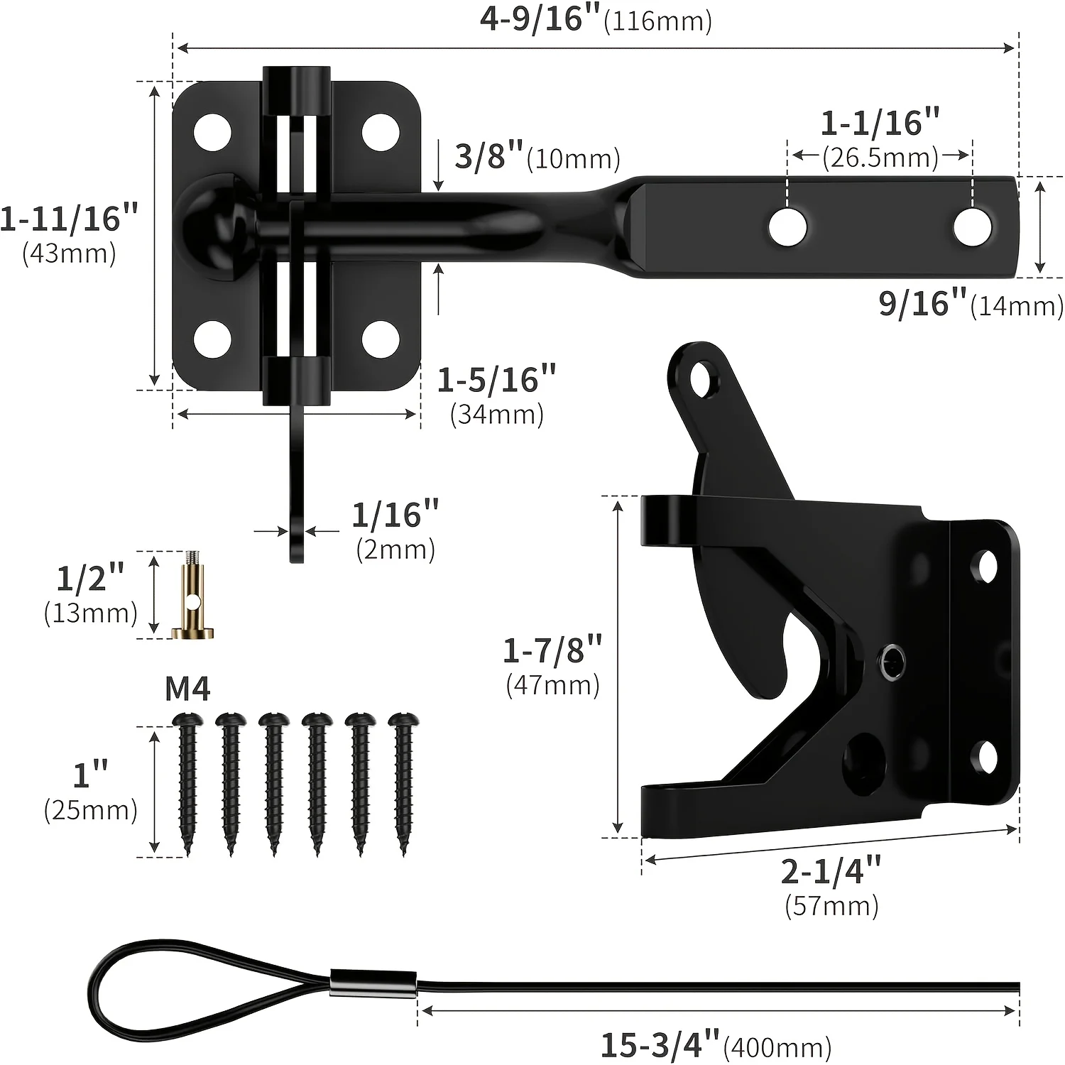 Gate Latch with Spring Cable Pull for Fence - Carbon Steel, Self Locking Fence Gate Latch, Gate Latch for Wooden Fence