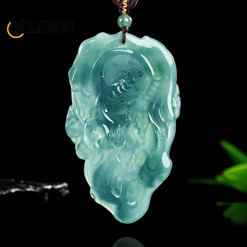 High-end Natural Jadeite Dragon Pendant A Majestic Dragon Soaring Across The Seas A Stylish Ice-Type Necklace for Men and Women