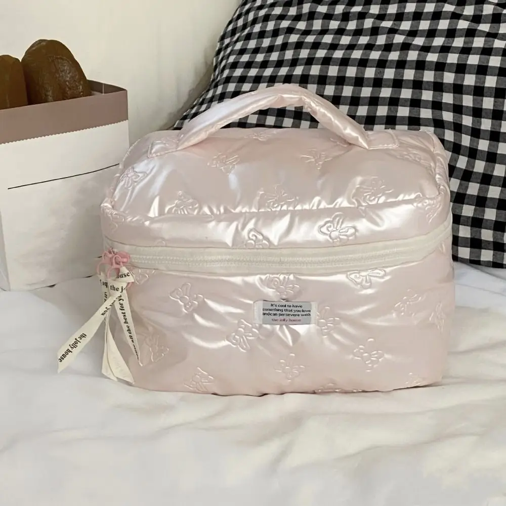 PU Material Cosmetic Bag Bow Decoration Storage Compartment Toiletry Bag Multi-function Zipper Makeup Handbag